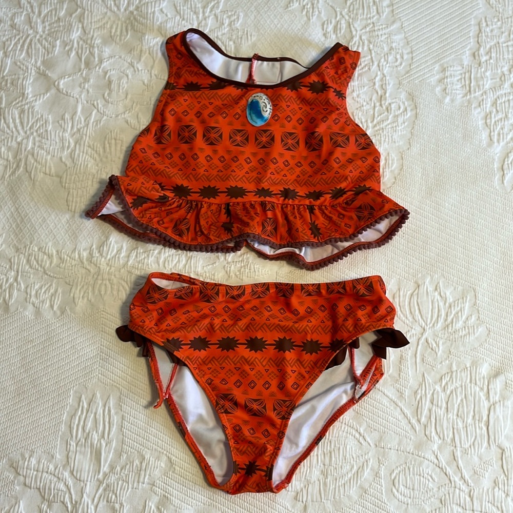 Disney Moana 2-piece suit, orange geometric print, ruffles, Velcro closures, XL